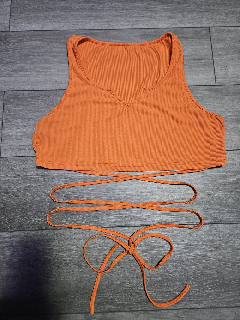 SHEIN Orange Ribbed Wrap Tie Crop Tank